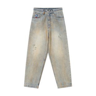 MindError 水洗做旧黄泥染牛仔长裤男新款小象刺绣废土风直筒裤子