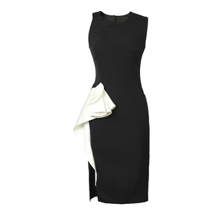 撞色拼接设计感小众复古修身连衣裙女夏季轻熟风气质优雅礼服裙子