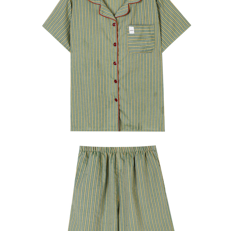 韩版复古绿条纹开衫家居服套装女