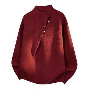 it izzue红色马年本命年不规则高领毛衣男款冬季慵懒内搭针织衫Y