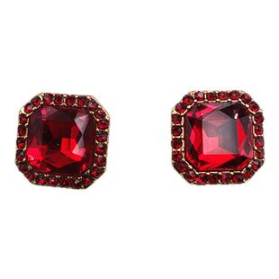 中式复古红色玻璃耳饰轻奢小众高级感正方形银针耳钉耳夹B894