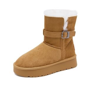 依思q厚底雪地靴女冬季加绒加厚面包靴保暖皮毛一体中筒两穿棉鞋