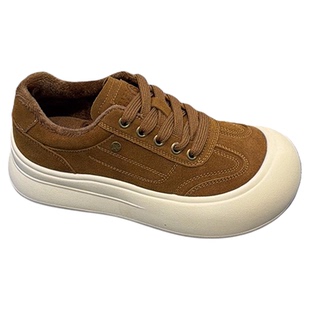 磨砂真皮厚底加绒板鞋女2025秋冬款娃娃头休闲鞋轻便增高松糕鞋潮