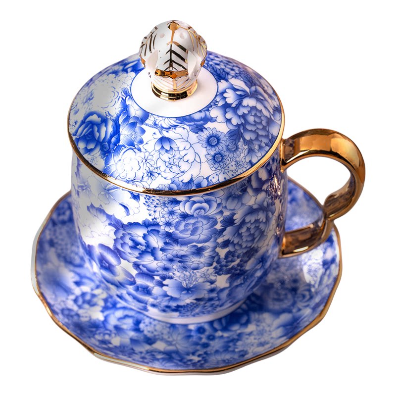 景德镇骨瓷珐琅彩带盖带碟茶杯