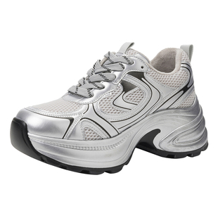 达芙妮2026冬季新款加绒加厚老爹鞋银色百搭网面厚底增高休闲鞋女