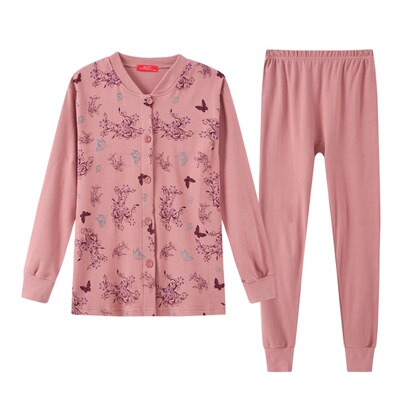 100%纯棉老年人开衫秋衣秋裤套装