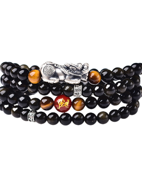 黑曜石纯银貔貅手链佛珠情侣饰品