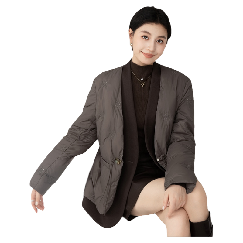 鸭鸭短款V领国风羽绒服