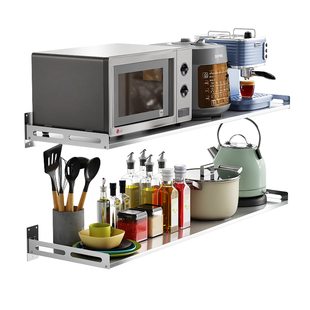 厨房置物架一字板不锈钢墙上架子隔板微波炉壁挂式免打孔碗架收纳