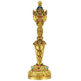 欧斯特三面普巴金刚杵宝石镶嵌全鎏金室内家用金刚橛带底座铜摆件