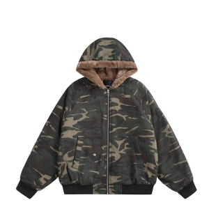 美式连帽迷彩棉服男款冬季加绒加厚慵懒风两面穿短款夹克外套潮流