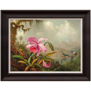 风色兰花与蜂鸟古典花鸟油画美式欧式餐厅卧室装饰画实木框挂画