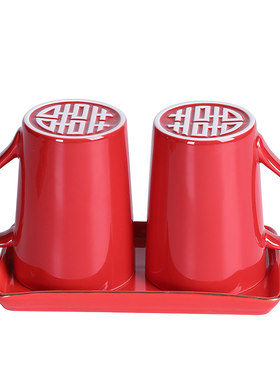 结婚对杯红色陪嫁洗漱杯陶瓷刻字