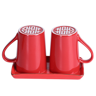结婚漱口杯一对陶瓷牙缸情侣牙杯洗漱杯子套装刻字红色牙杯定制