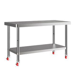 不锈钢双层工作台带轮子三层厨房可移动置物架家用操作台切菜桌子