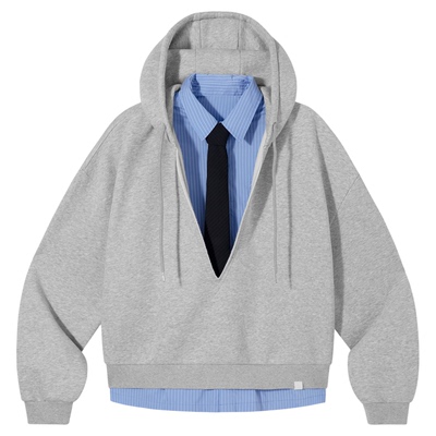 PSO Brand男装女装假两件V领条纹衬衫拼宽松卫衣女款加厚秋季外套