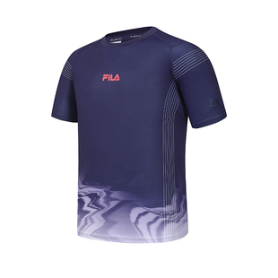 FILA 斐乐官方男子针织短袖衫2024秋新款健身运动满印修身圆领T恤