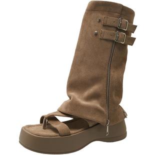 厚底夹趾凉鞋女2025夏季新款复古网红两穿罗马凉靴裤管堆堆长筒靴