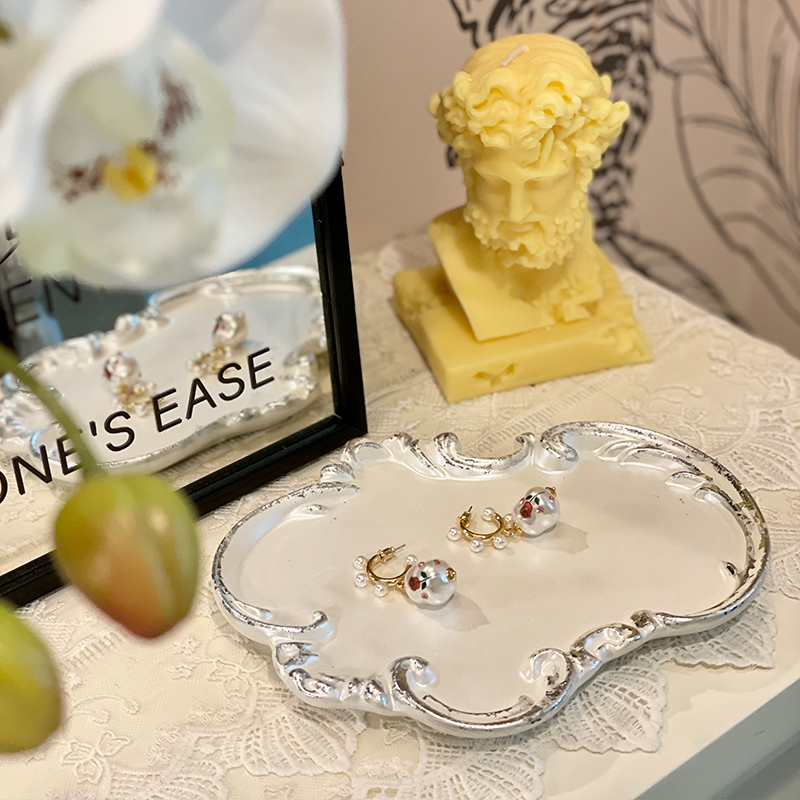 加安加丽花边仿银树脂托盘茶几果盘首饰展示复古做旧银箔装饰摆件