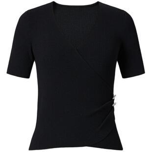 商场同款 摩萨克 春季法式极简浪漫v领显瘦抽褶针织短袖上衣