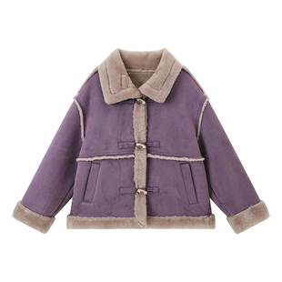 布丁哈鲁童装冬装女童洋气上衣2026秋冬新款儿童复古麂皮绒外套