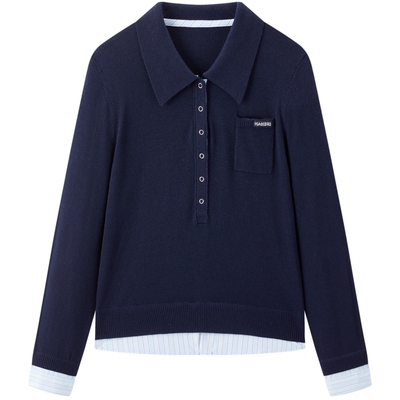 【商场同款】太平鸟高质感羊毛混纺假两件翻领针织衫女A1EEG1209