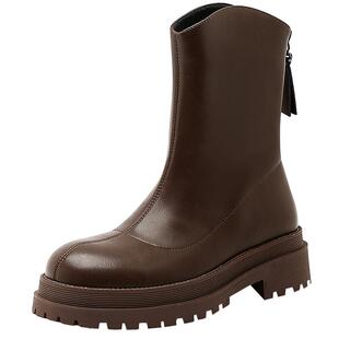 大东官方时尚短靴女鞋冬季休闲圆头中跟后拉链粗跟靴子鞋0600