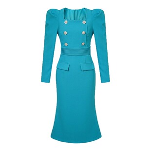 2026春秋新款气质优雅方领收腰职业女性连衣裙秋冬通勤包臀长裙子