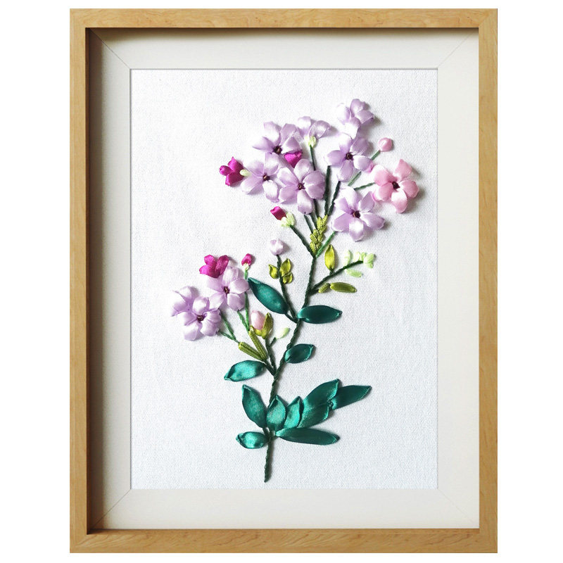 简单丝带绣挂画客厅白色棉布纯手工刺绣diy 彩带立体绣花卉材料包