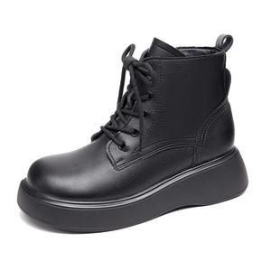 新款秋冬马丁靴女棉靴圆头软皮防滑厚底松糕小短靴英伦风靴子棉鞋