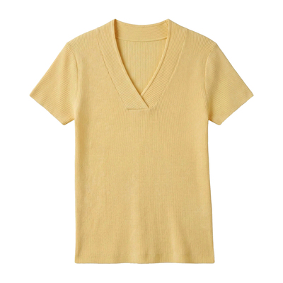 高智感V领羊毛混纺针织衫短袖夏