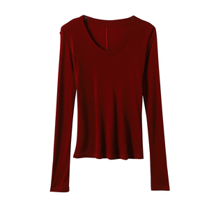 SKYINTL春季薄款桑蚕丝天丝面膜打底衫女时尚后中线长袖T恤上衣女