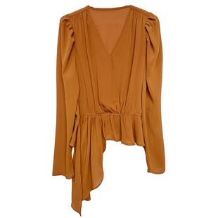 理想三旬女装复古波西米亚民族风姜黄色v领不规则下摆衬衫上衣