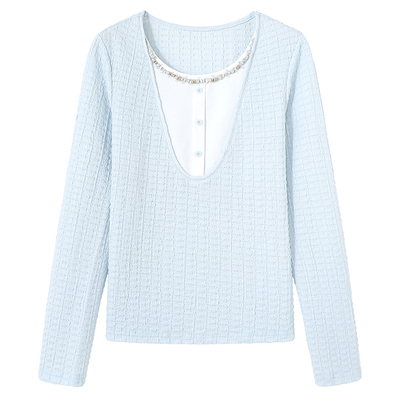 亦白春季撞色假两件拼接长袖T恤