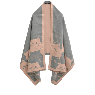 拉夏贝尔/La Chapelle撞色猫咪印花针织披肩女秋冬仿羊绒双面围巾