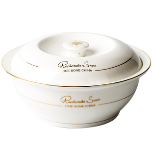 欧式金边9英寸带盖骨瓷家用品锅 大碗面碗陶瓷大号汤碗汤盆 海碗