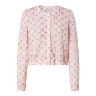 商场同款 摩萨克秋款圆领马海毛蝴蝶结印花针织长袖开衫女