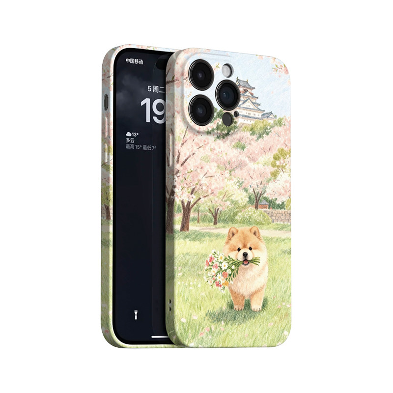 送花小狗~清新治愈手绘ins适用苹果17promax手机壳iphone16华为mate70小米15春天vivoS19艺术iqooneo10荣耀90