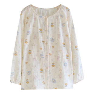 纯棉纱布睡衣女上衣单件圆领春秋夏季长袖开衫薄款家居服可爱卡通