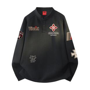 查尔斯桃心美式亨利领长袖T恤男春秋季图案字母印花休闲情侣上衣