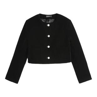 MULVAN【现货7折】黑色丝绒小香风短款外套女秋冬复古夹棉上衣