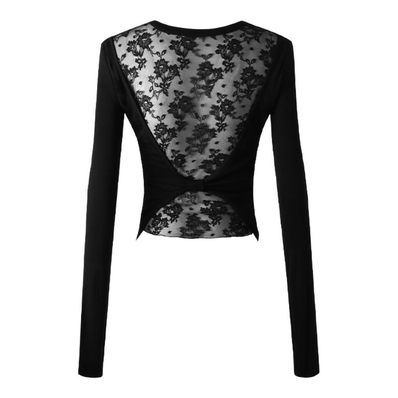 ourhour 蝴蝶结蕾丝露背 白色圆领修身长袖上衣 女冬设计感打底衣