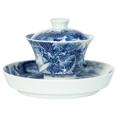 仿古青花龙吸浪纹盖碗