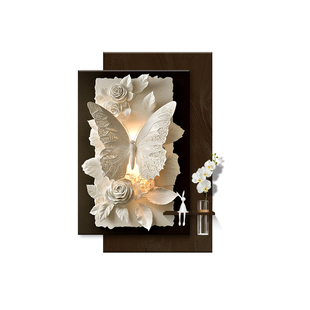 现代简约蝴蝶花卉装饰画客厅带灯立体砂岩画水培绿植玄关走廊挂画