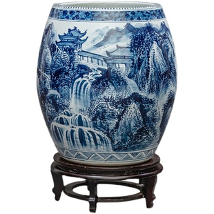 景德镇陶瓷手绘青花瓷书画卷轴缸客厅仿古花瓶书房字画收纳桶摆件