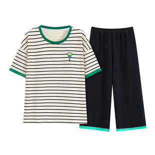 七分裤短袖睡衣女士带胸垫夏季纯棉圆领条纹宽松家居服套装可外穿