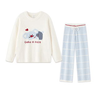 BE半边绒睡衣冬季女款长袖秋冬珊瑚绒加绒加厚冬款可爱毛绒家居服