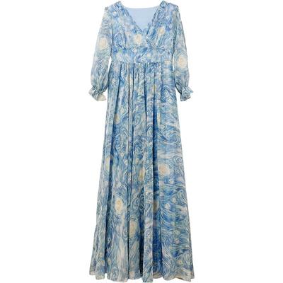 碎花雪纺连衣裙印花长袖裙子v领