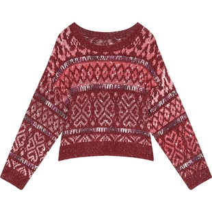 妖精的口袋亮丝费尔岛提花红色毛衣女2025年冬季新款复古新年穿搭