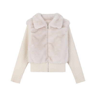 显贵老钱风拼接仿皮草针织外套